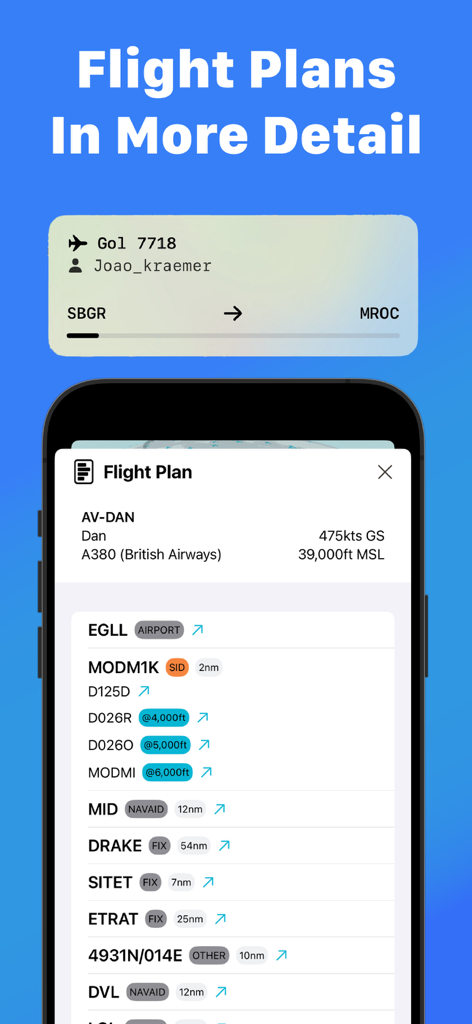 InfiniteInfo - A mobile screenshot of the InfiniteInfo app showing a detailed flight plan list with navigation waypoints and altitude data