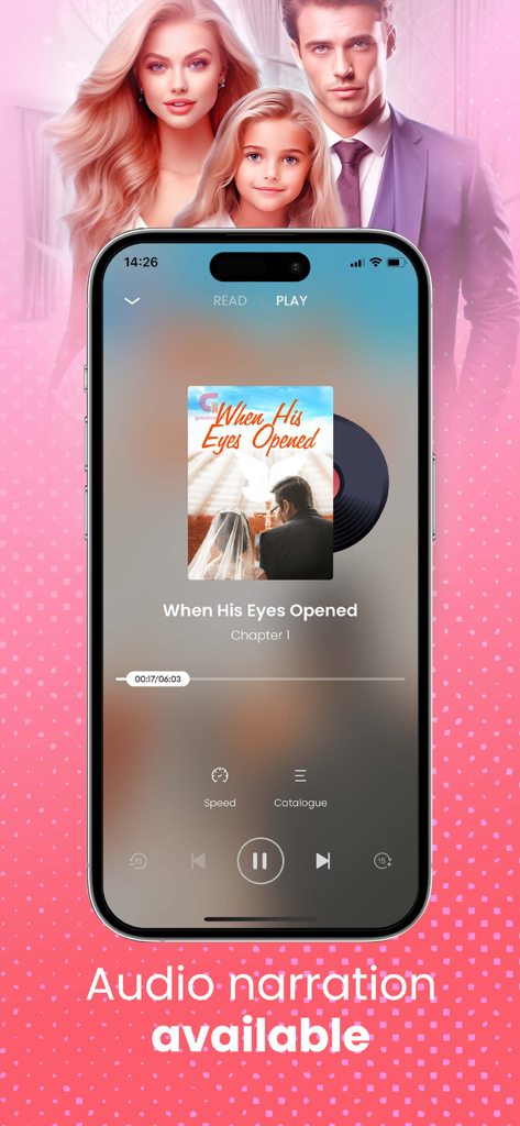 GoodNovel app interface showing an audio narration player for a romance novel with a family illustration in the background.