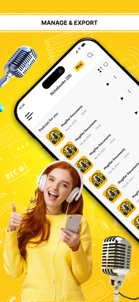 AI Notebook LM - PodifyGPT - PodifyGPT app interface showing a list of generated podcasts and notebooks for easy management and export.