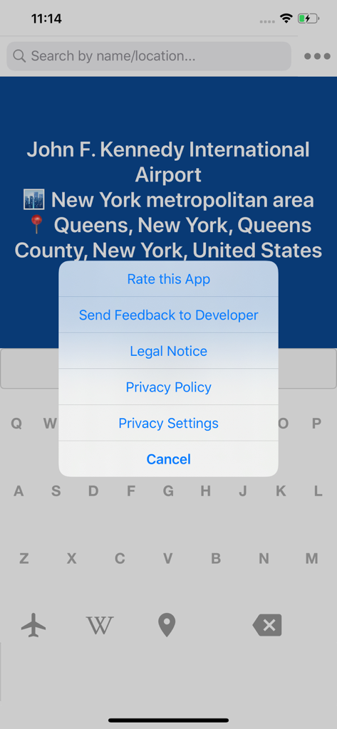 Airport ID - Screenshot of the Airport ID app displaying details for JFK International Airport and an options menu overlay.