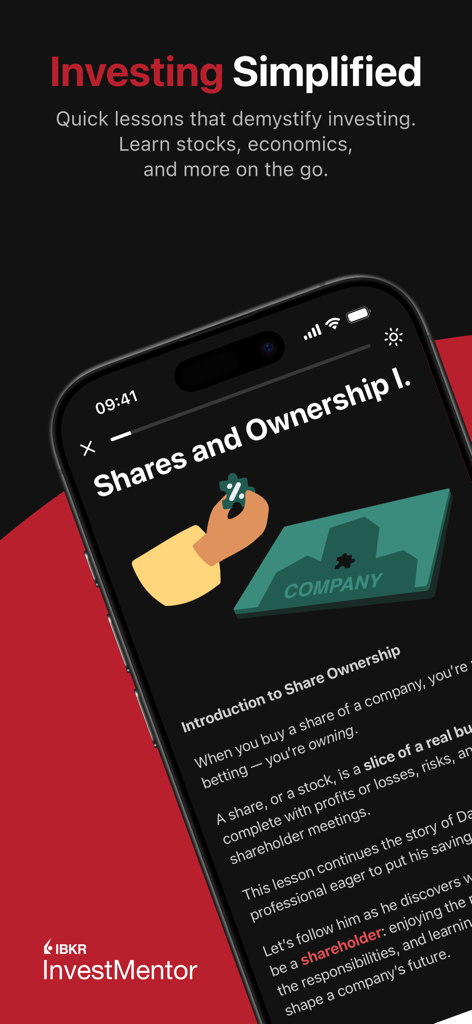 IBKR InvestMentor - IBKR InvestMentor app screen displaying an educational lesson on shares and ownership with the heading Investing Simplified