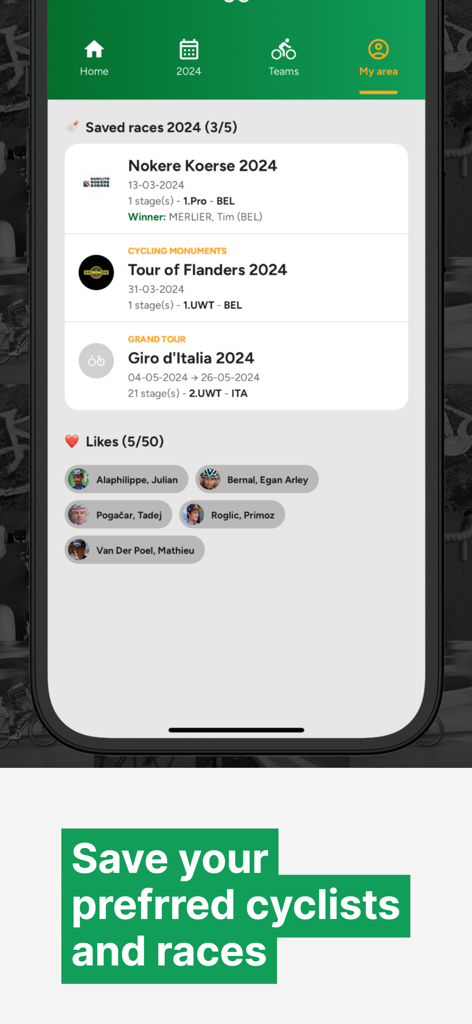 Cyclingoo: Cycling results - Cyclingoo mobile app interface showing saved cycling races and a list of favorite professional riders