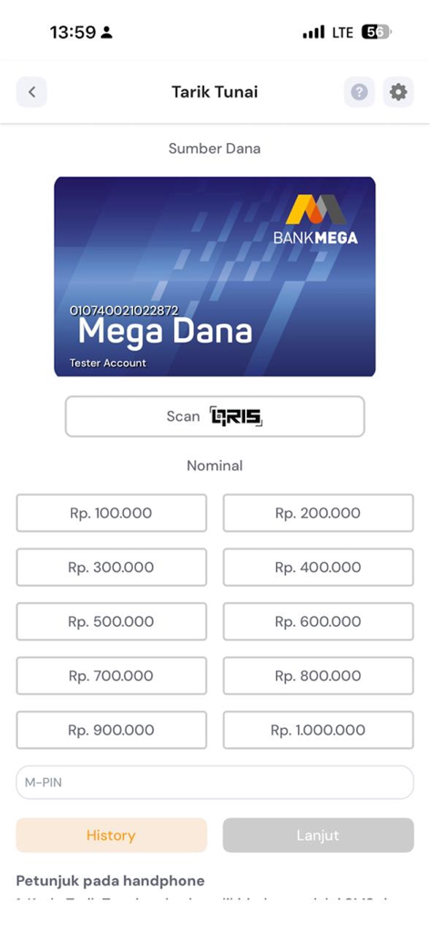M-Smile by Bank Mega - Interface de l'application M-Smile par Bank Mega pour le retrait d'espèces montrant la sélection des montants en roupies et le bouton QRIS