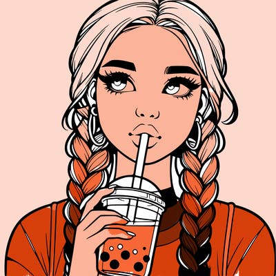 realistic girl with braided hair drinking boba