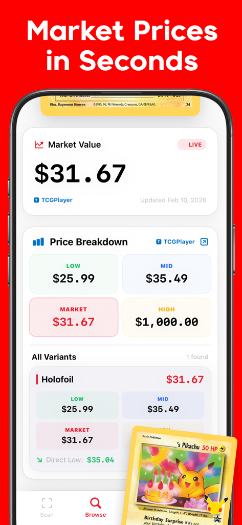 생일 피카츄 포켓몬 카드의 시장 가치 및 가격 내역을 보여주는 스마트폰 화면