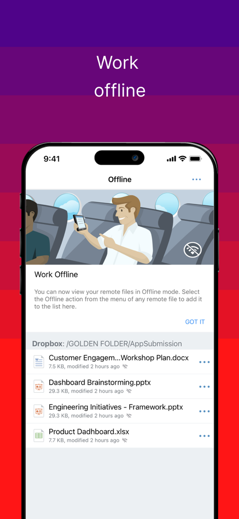 Ivanti Docs at Work app interface displaying a list of files available for offline work.