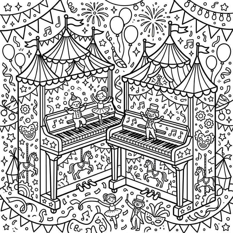 Dive into a whimsical world where classic upright pianos transform into lively carnival attractions. This detailed coloring page invites you to bring a symphony of colors to a festive celebration filled with music and circus magic.