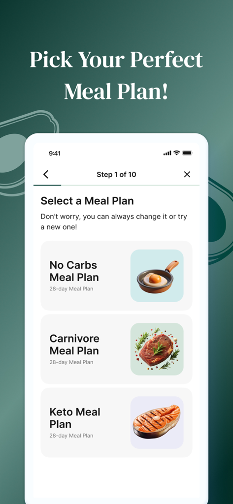 NoCarbsChallenge - Pantalla de selección de planes de comidas carnívoras y keto bajas en carbohidratos en la aplicación NoCarbsChallenge