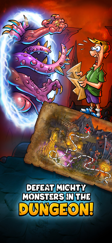 Shakes and Fidget: Idle RPG - Satirical comic hero looking terrified at a monster portal and a treasure map leading to a dungeon