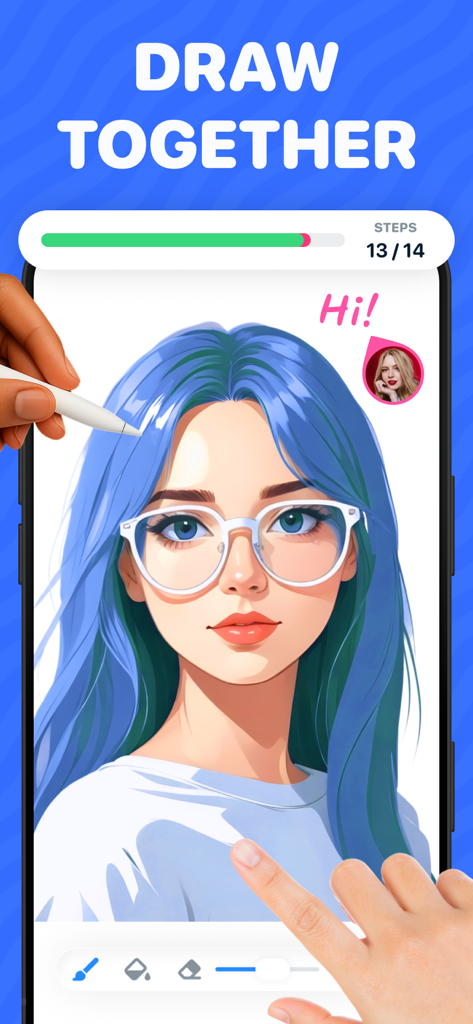 Drawly: Learn to Draw Together - Eine Person benutzt einen Stift, um zusammen mit einem Freund in der Drawly-App einen Anime-Mädchen-Charakter zu zeichnen
