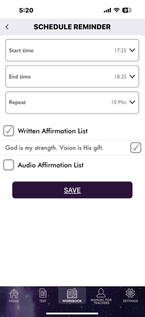 ACIM Original Edition - Uma tela no aplicativo Edição Original ACIM para agendar lembretes diários de afirmação espiritual com horários de início e término.
