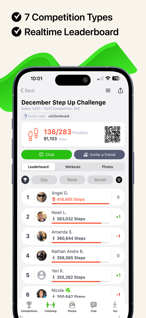 Um placar em tempo real no aplicativo Strive mostrando classificações e contagens de passos para uma competição de fitness mensal.