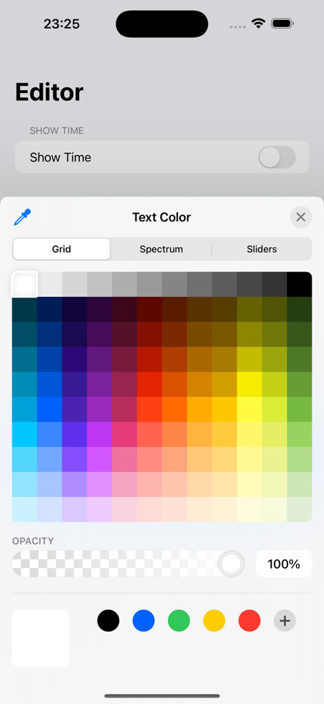 Interfaz de la aplicación Color Board mostrando una cuadrícula de opciones de color para la personalización del texto
