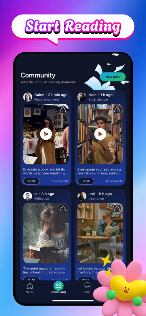 Vilo: Record & Explore More - Pantalla comunitaria de la aplicación Vilo que muestra un feed de momentos de lectura y reflexiones compartidas por los usuarios.