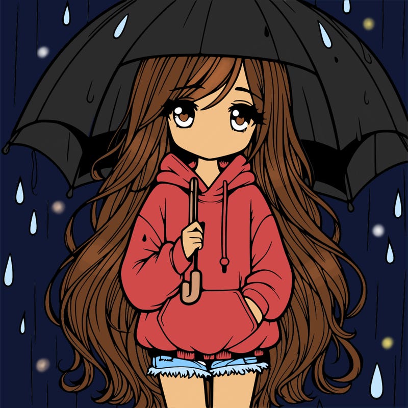 a girl with long hair, a swearshirt, and jeans standing in the rain no umbrella