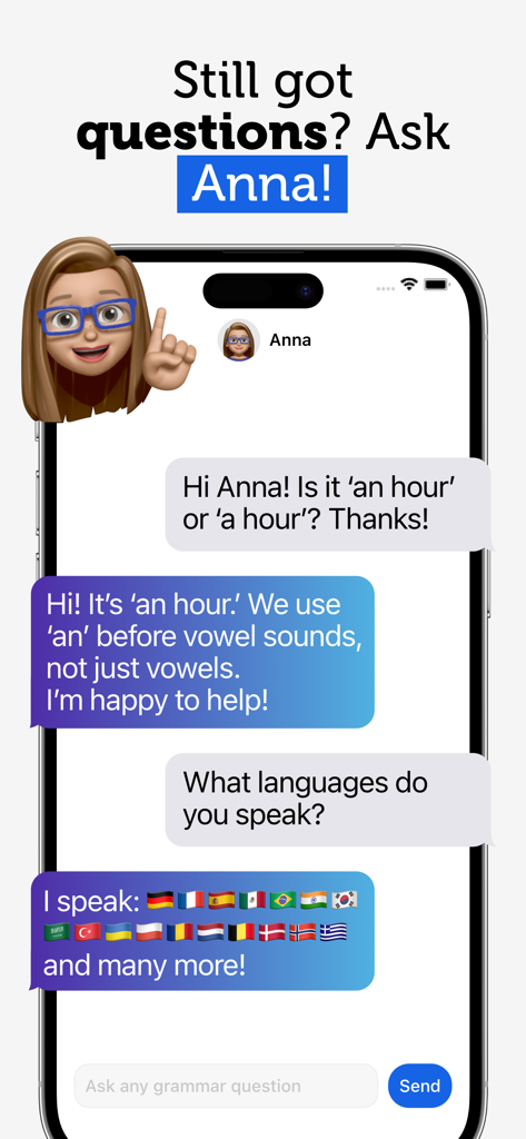 Grammo - Learn English Grammar - Chat interface of Grammo app showing AI teacher Anna answering grammar questions