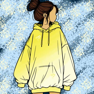 realistic girl with a oversized sweatshirt on and a bun