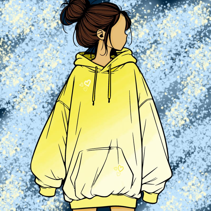 realistic girl with a oversized sweatshirt on and a bun