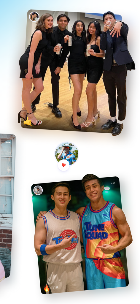 Bounce: Events & Payments - Social feed on the Bounce app displaying photos of friends at parties and themed events