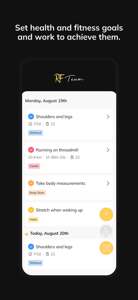 RF Team app interface showing a daily schedule of workouts and healthy habits