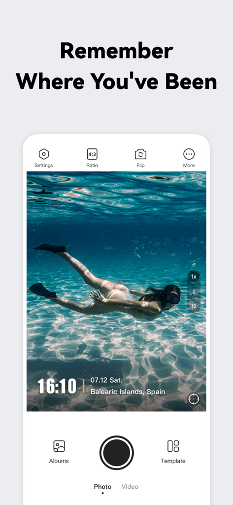 Timestamp Camera - Timemark - 日付と場所のウォーターマーク付きのシュノーケリング写真を表示するアプリインターフェース