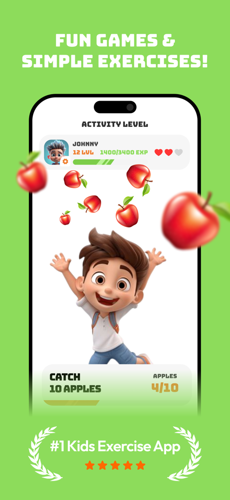 FitKid: Exercises For Kids - Interfaz de la aplicación FitKid que muestra a un niño saltando para atrapar manzanas que caen en una sesión de ejercicio gamificada