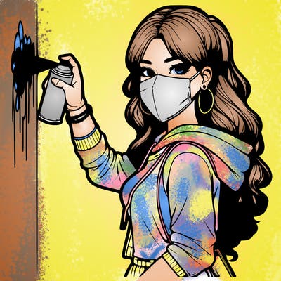 realistic girl with mask spray painting a wall