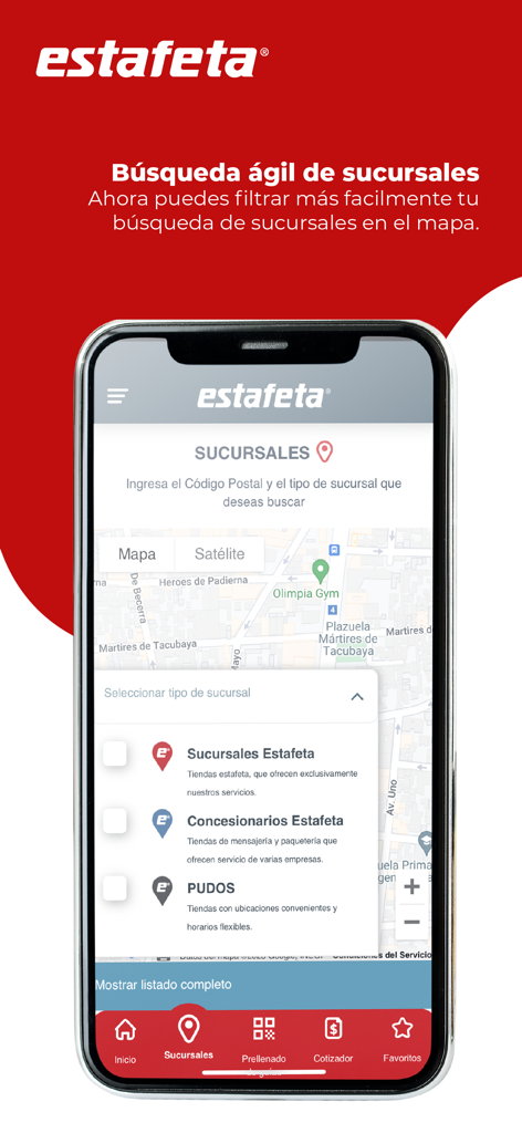 Aplicativo Estafeta mobile mostrando um mapa e filtros de pesquisa do localizador de agências