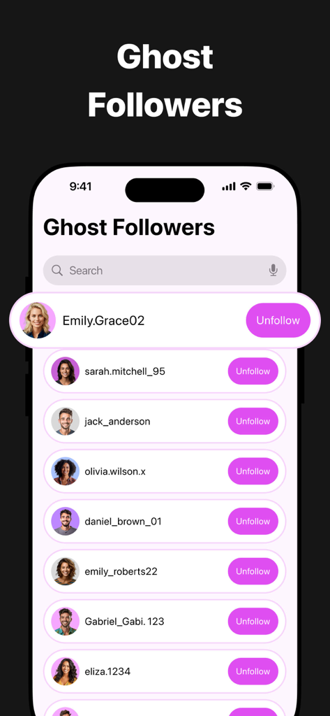 Reports: My Followers Tracker - A smartphone interface showing a list of ghost followers with profile pictures and unfollow buttons.