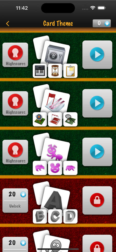 Memory Matches - Screen displaying various card themes in Memory Matches including sports animals and letter categories