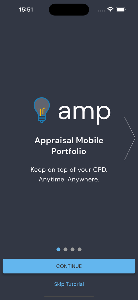 AMP Appraisal Mobile Portfolio onboarding screen featuring the lightbulb logo and CPD tracking tagline.