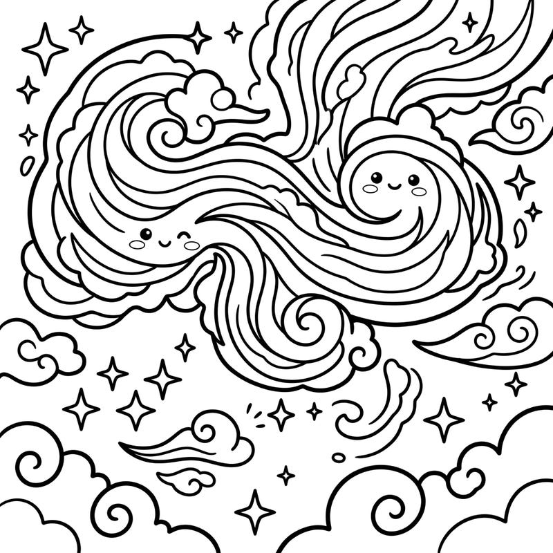 Dive into a charming world with this Kawaii Blue Aurora coloring page, where cute faces peek from swirling patterns. Perfect for a relaxing and adorable coloring experience for all ages.