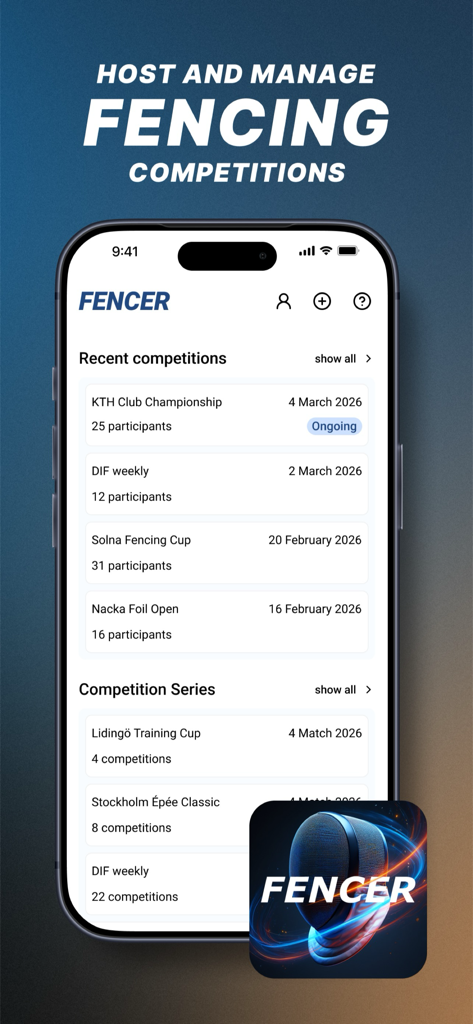 Fencer - Mobile dashboard of the Fencer app displaying a list of recent and ongoing fencing competitions and tournament series.
