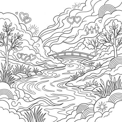 Explore a tranquil scene where a misty river flows through a landscape adorned with symbols of Pride and love. This unique coloring page invites you to celebrate diversity and serenity with every stroke.