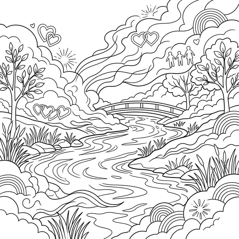 Explore a tranquil scene where a misty river flows through a landscape adorned with symbols of Pride and love. This unique coloring page invites you to celebrate diversity and serenity with every stroke.