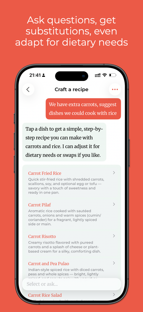 CookCraft: Cookbook + AI Magic - CookCraft AI chat interface suggesting recipes based on ingredients like carrots and rice