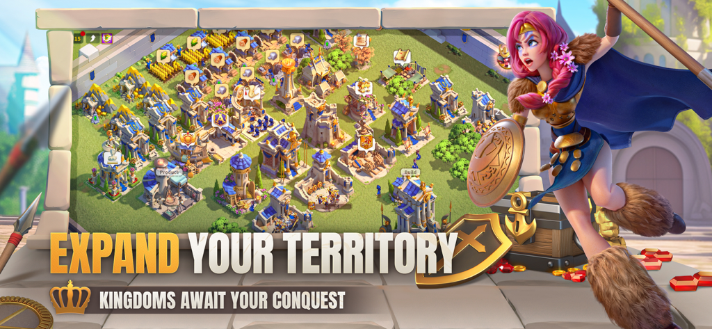 Gameplay screenshot of Rise of Kingdoms showing an empire layout with the text Expand Your Territory
