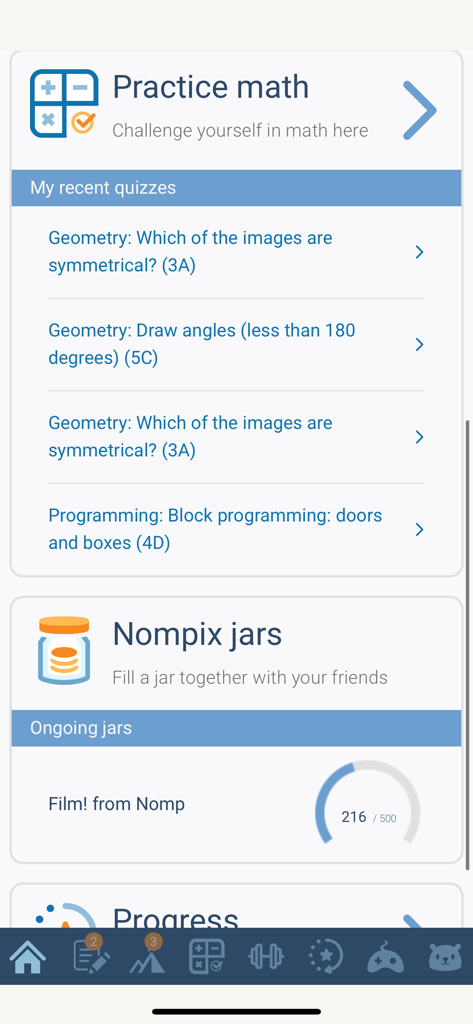 Nomp - Nomp app dashboard featuring math practice quizzes and a reward progress jar