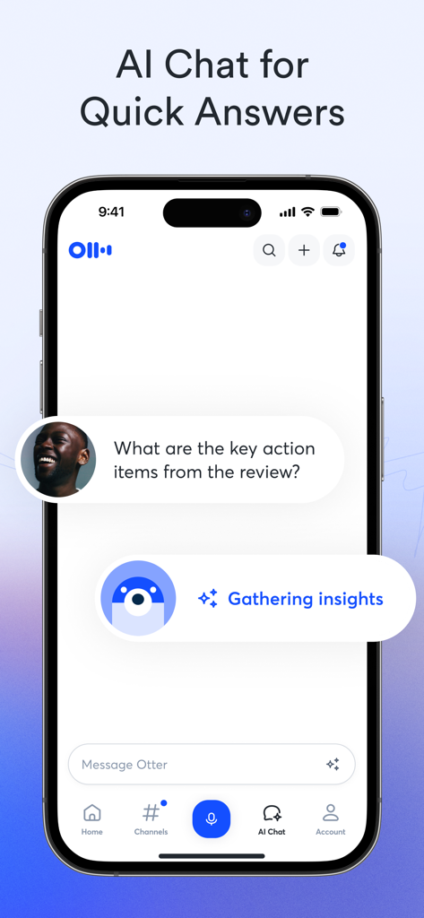 Otter Transcribe Voice Notes - Otter.ai Mobile App-Oberfläche, die die KI-Chat-Funktion zur Identifizierung wichtiger Aktionspunkte aus einer Besprechungsüberprüfung zeigt