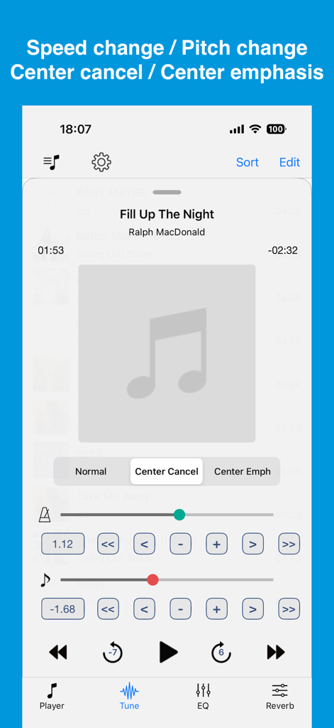 Nu-Music Player - Interfaz de la aplicación Nu-Music Player mostrando controles de afinación de audio en tiempo real, incluyendo opciones de cambio de velocidad, desplazamiento de tono y cancelación central.