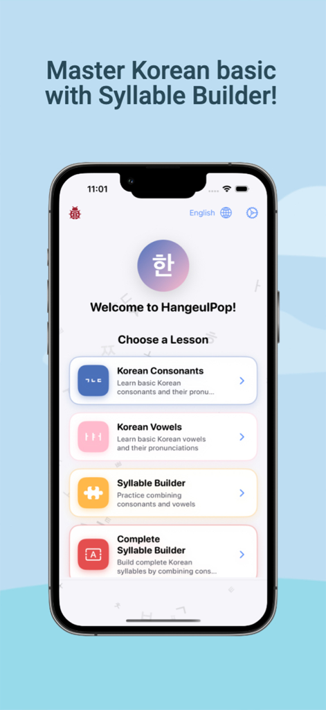 HangeulPop - Menu principal do aplicativo HangeulPop mostrando lições de consoantes e vogais coreanas