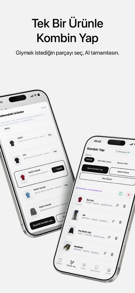 Sylora: AI Outfit Planner - Two smartphone screens displaying the Sylora app interface for selecting wardrobe items and generating AI-powered outfits.