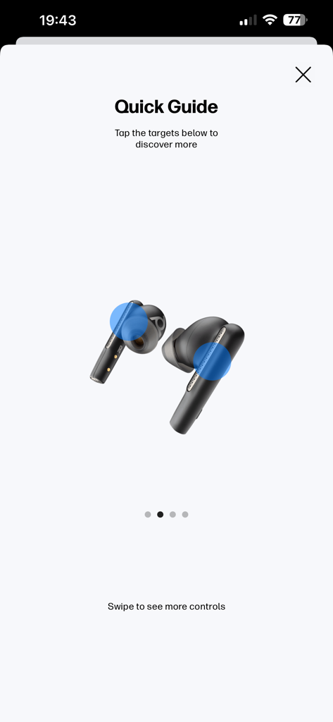 HP Poly Studio Mobile - Écran du guide rapide de l'application HP Poly Studio Mobile montrant des écouteurs sans fil avec des cibles de contrôle tactile interactives.