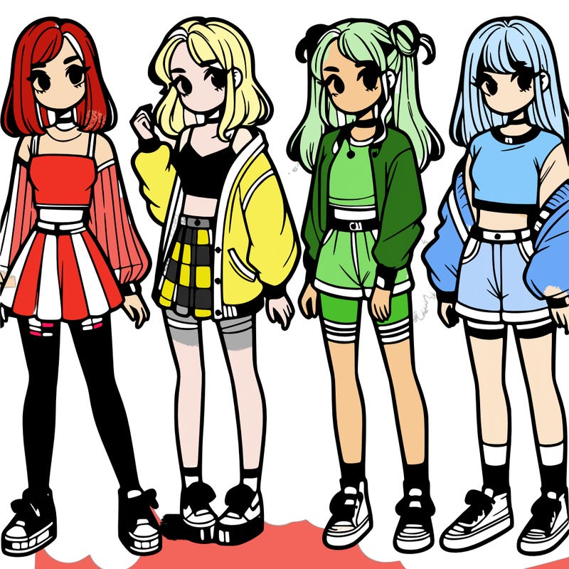 one girl with crop-top shirt and a jacket with a skirt, long socks and another girl with a shirt and pants with a jacket