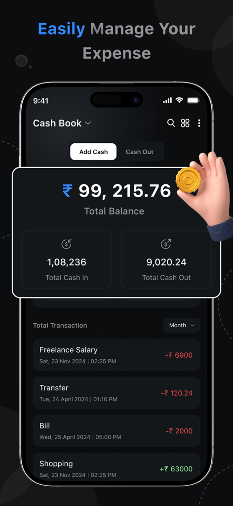 CashBook : Credit Account Book - CashBook app interface showing total balance and a list of recent financial transactions