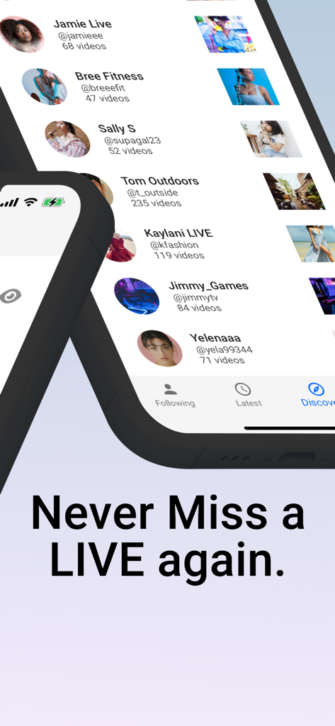 Rewatch LIVE: Save Live Stream - Rewatch LIVE app interface showing a list of influencers and live stream creators with the slogan Never Miss a LIVE again