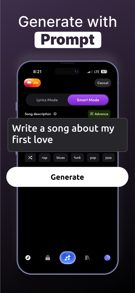 AI Song Generator - Zona - Zona app interface for generating songs from a text prompt with genre options