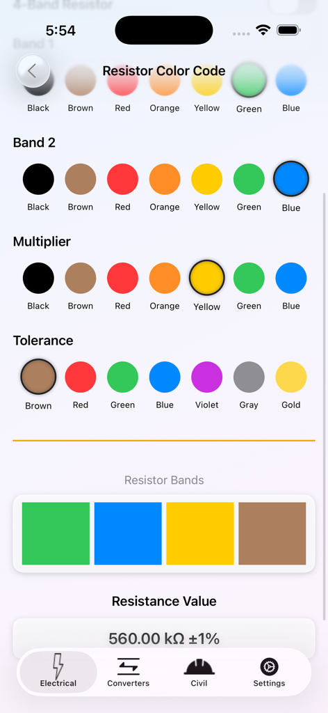 Electrical Calculator lite - Pantalla de cálculo del código de color de resistencias mostrando bandas de color y el resultado del valor de resistencia.