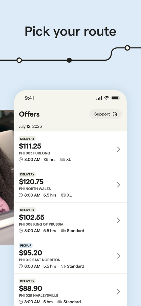 Veho Driver app screen displaying a list of available delivery route offers with earnings and estimated time
