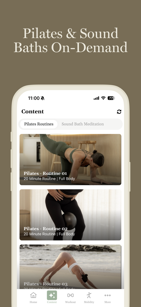 Culture of Motion - Screenshot of the Culture of Motion app showing a list of on-demand Pilates routines and sound bath meditations.